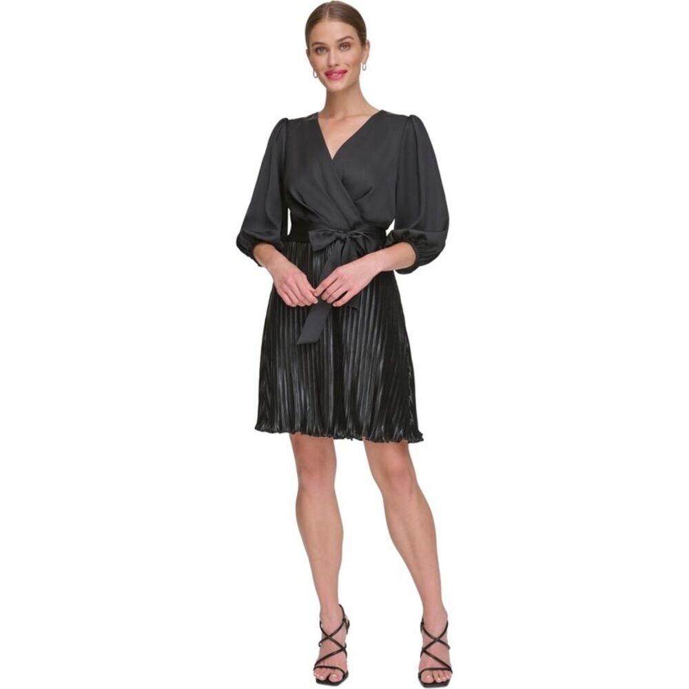 DKNY Womens V Neck Balloon Sleeve Pleated Dress, Black, 12, DM